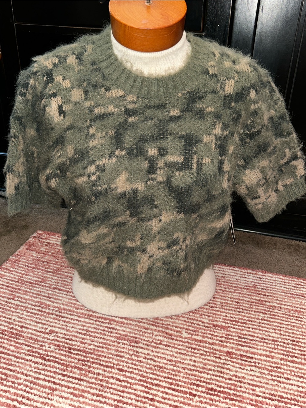 Olive & Beige Fuzzy Short-Sleeve Knit Top